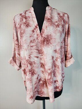 Lush Top Size Small V Neck Pink Tie Dye Pullover Roll Tab Sleeves Tunic Feminine
